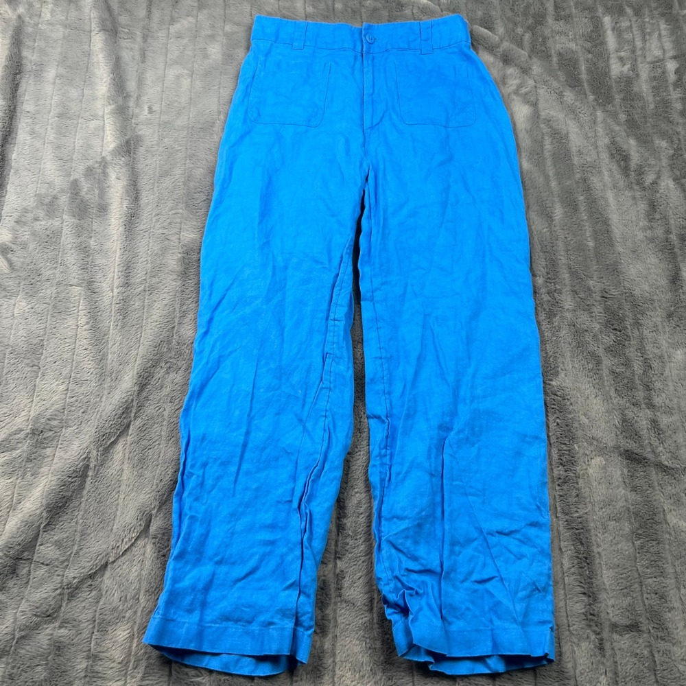 Nicole Miller New York Blue 100% Linen Wide Leg Pants Womens Size 6 High Rise